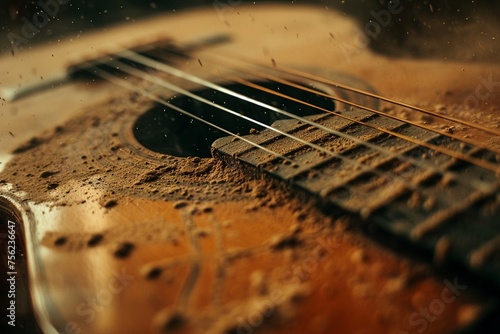Layer of dust on a silent guitar in a music room photo