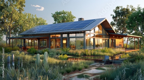 A craftsman house incorporating sustainable design elements like solar panels and recycled materials, creating a modern eco-friendly home.