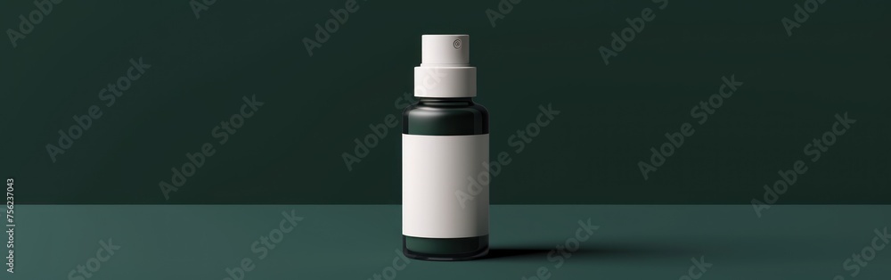 A front view of a cosmetic bottle filled with black and white liquid standing on a green surface A front view of a cosmetic bottle filled with black and white liquid standing on a green surface