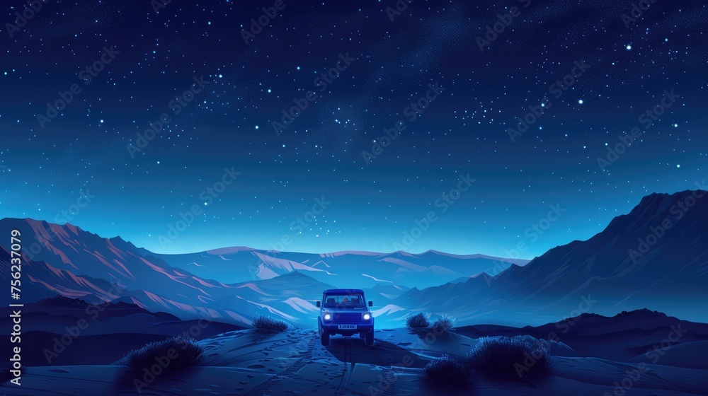 A lone vehicle illuminates the path ahead on a serene night-time journey through the desert under a vast, star-filled sky. A lone vehicle illuminates the path ahead on a serene night-time journey through the desert under a vast, star-filled sky.