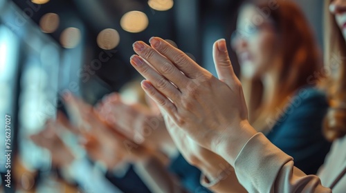 With a soft-focus background setting the ambiance, a close-up image depicts a line of attendees applauding in appreciation at an indoor seminar or conference event.