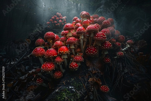 Mushroom Mania A Fungi-Filled Forest in Black and White Generative AI photo