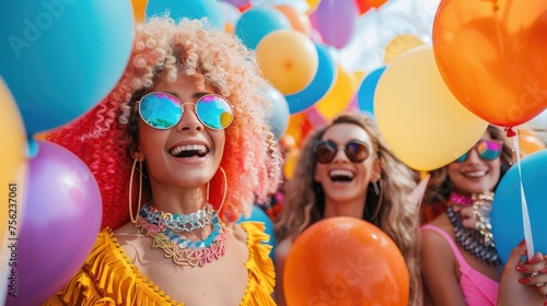A group of cheerful people celebrating at a festival, surrounded by vibrant balloons and wearing bright, colorful clothing and accessories. © Nuth