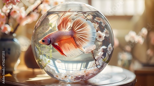 Betta Fish in Cherry Blossom Glass Sphere photo