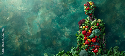 Human body made from vegetables and fruits. Vegan concept, emerald background