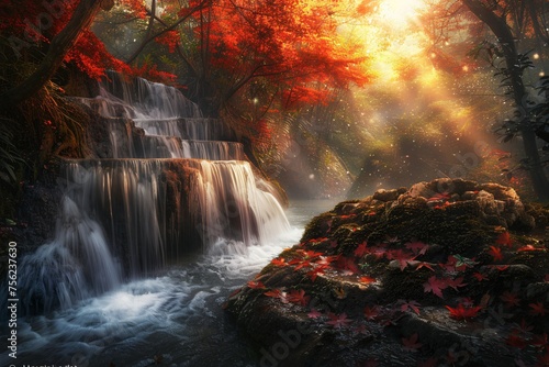 Fall Foliage Frenzy A Stunning Waterfall Scene Generative AI © Bipul Kumar