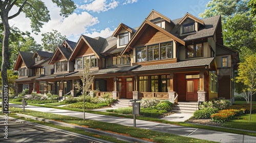 A detailed view of a craftsman-style townhome exterior, highlighting its timeless design features, such as handcrafted woodwork, inviting porches, and classic color palettes. © AQ Arts