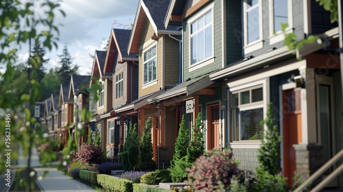 A detailed view of a row of craftsman townhouses, showcasing their unique design elements, such as custom doors, artistic window treatments, and modern landscaping.