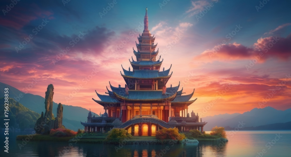 Serene temple nestled on a lake at sunset, with a breathtakingly colorful sky Serene temple nestled on a lake at sunset, with a breathtakingly colorful sky