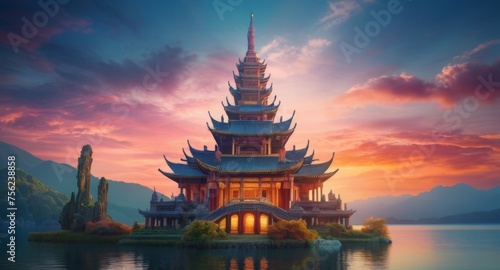 Serene temple nestled on a lake at sunset  with a breathtakingly colorful sky