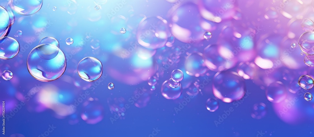 Vibrant purple, violet, and electric blue soap bubbles float in water against a blue and purple background, resembling flower petals in liquid form