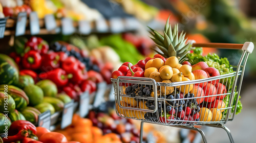 A shopping cart full of fruits and vegetables in a grocery store
