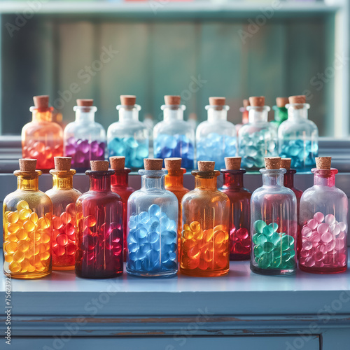 A row of colorful glass bottles with cork pills