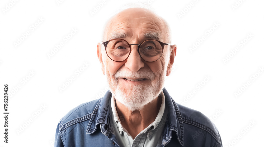 Obraz premium An old man with glasses and a blue jacket is smiling