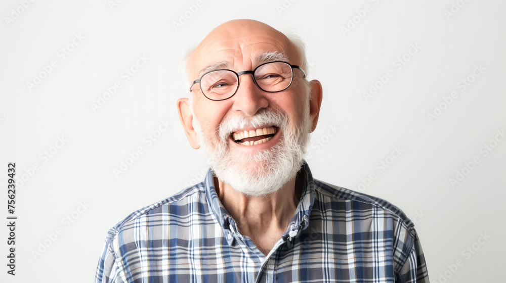 An old man with a beard and glasses is smiling and wearing a plaid shirt An old man with a beard and glasses is smiling and wearing a plaid shirt