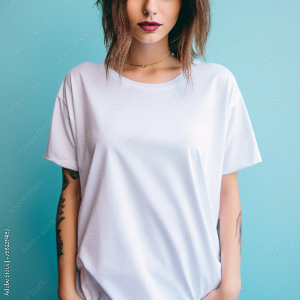 Woman wearing oversize white tee Woman wearing oversize white tee