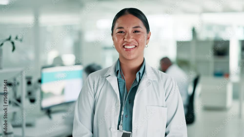 Science, face and young woman in laboratory for research and pharmaceutical development for medical innovation. Asian person, portrait or happy in pharmacy for biotechnology or biology expert at work Science, face and young woman in laboratory for research and pharmaceutical development for medical innovation. Asian person, portrait or happy in pharmacy for biotechnology or biology expert at work