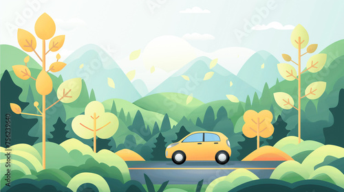 A yellow car is driving down a road in a forest  concept of EV car and sustainability