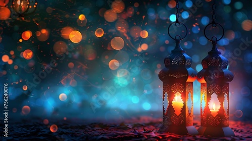 Eid mubarak ramadan kareem: islamic muslim holiday background with traditional eid lantern illuminated against dark night sky