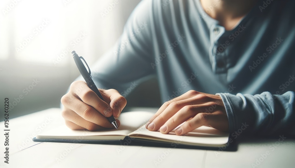 Close up of a person's hands writing thoughtfully in a blank notebook with a pencil, capturing inspiration. Close up of a person's hands writing thoughtfully in a blank notebook with a pencil, capturing inspiration.