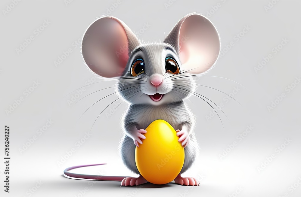 humorous gray mouse, oversized eyes, engaged in Easter festivities, clutching a colorful egg, standing against a white backdrop
