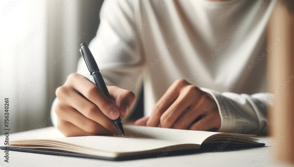 Close up of a person's hands writing thoughtfully in a blank notebook with a pencil, capturing inspiration. Close up of a person's hands writing thoughtfully in a blank notebook with a pencil, capturing inspiration.