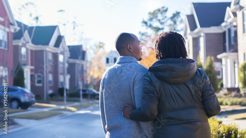 A man and woman are walking down a street in front of a row of houses, urban neighborhood