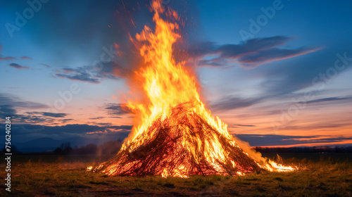 A large pile of burning wood with a fire in the middle, bonfire