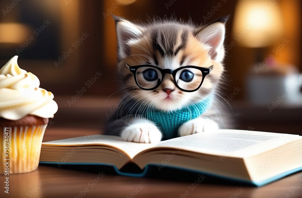 Little kitten, cute, baby, glasses, coffee cup, cakes, book, very detailed Little kitten, cute, baby, glasses, coffee cup, cakes, book, very detailed