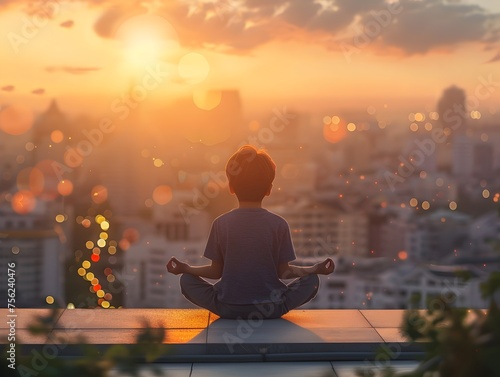 Child in Meditation on Rooftop Overlooking City, To convey a message of mindfulness, wellness, and inner peace in the midst of a bustling city