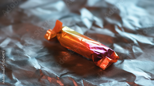 A candy wrapper is on a grey surface photo