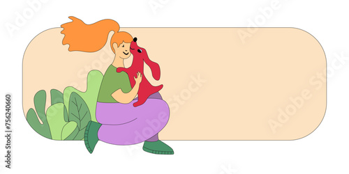 Banner of happy pet owners with dogs isolated on white background. People playing, hugging, cuddling with four-legged animal friends in the garden lush foliage. Flat vector illustration...