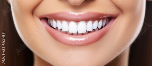 A closeup of a womans smile showcasing her white teeth and happy expression. Her lipstick complements her joyful laugh  captured in stunning macro photography