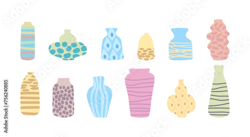 Modern flower colorful vases set. Pottery and ceramics. Empty vessels designs of different shapes and forms in trendy style isolated on white background. Creative fashion crockery, decor. Flat vector