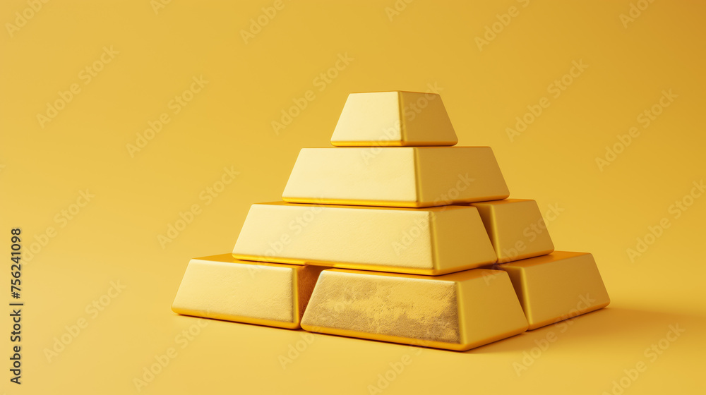 A stack of gold bars is arranged in a pyramid shape A stack of gold bars is arranged in a pyramid shape