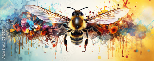 Water color design with flying bee. bee on color art background. © amazingfotommm