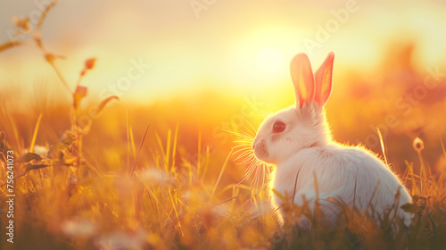 A white rabbit is sitting in a field of grass