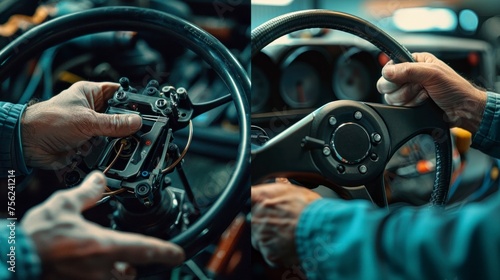 The mechanic skillfully repaired the car's steering wheel, ensuring optimal vehicle maintenance for safe driving on the road.