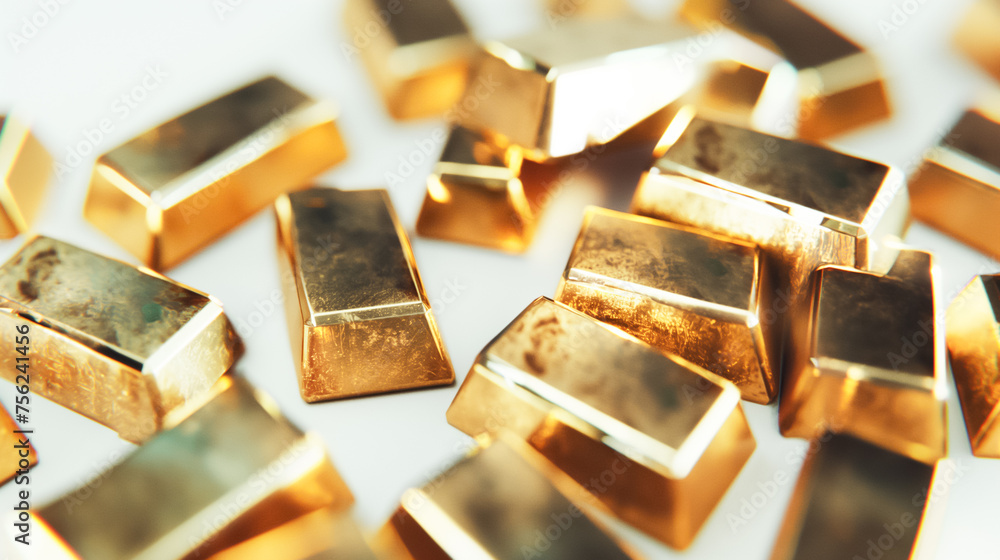 A pile of gold bars are shown in a close up A pile of gold bars are shown in a close up