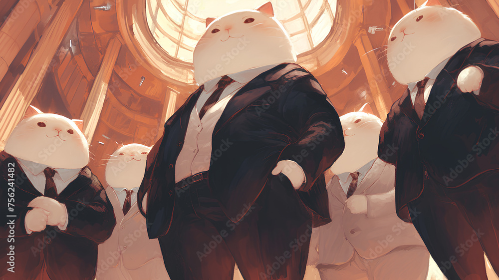 a group of fat cats posing wearing formal office suits - obrazy, fototapety, plakaty 