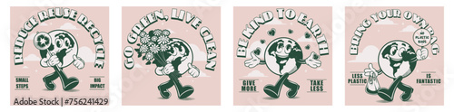 Collage retro posters with funny walking comic characters, care for the enviroment . Save water, recycle, less plastic, alternative energy. Eco save planet, Earth day concept. Set in vintage style	