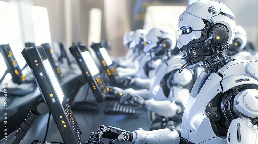 A group of robots are working at a computer station A group of robots are working at a computer station