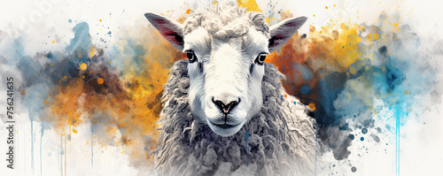 Watercolor sheep head animal photo on white background.