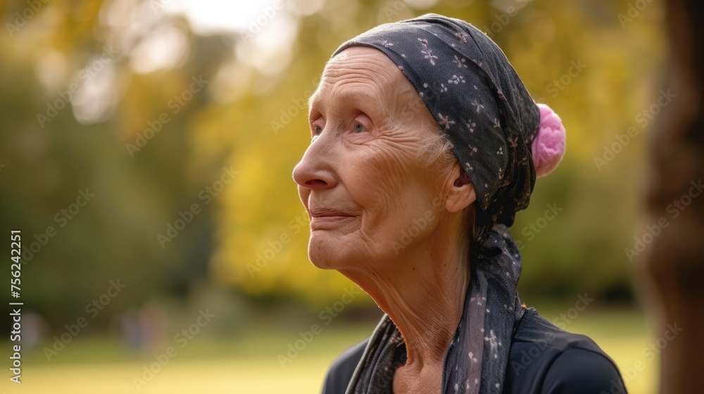 Side profile close-up of an older woman with a bandana wrapped around her head Side profile close-up of an older woman with a bandana wrapped around her head
