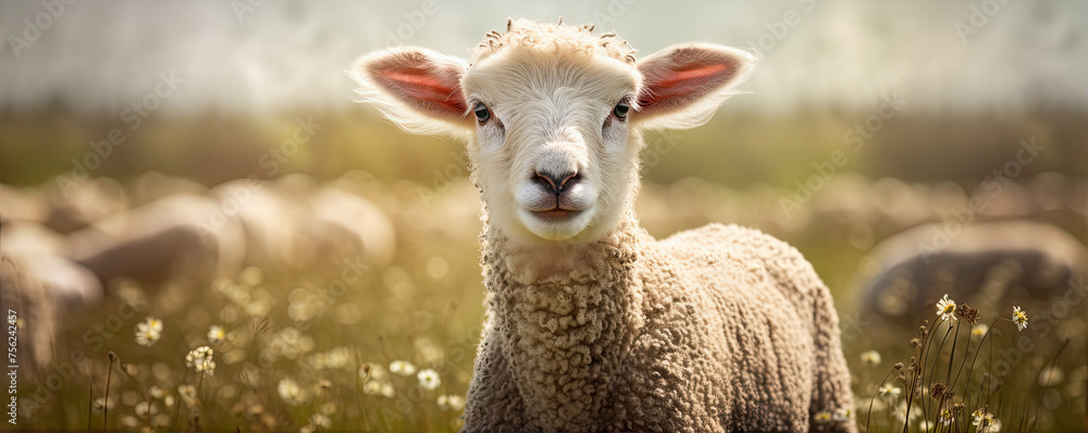 Fototapeta premium Spring Lambs portrait. Sheep on green farm with flowers background.
