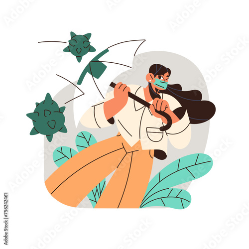 Health insurance concept. Healthcare policy. Woman with shield cares about wellness, assurances life. Umbrella protects from virus, saves from disease. Flat isolated vector illustration on white