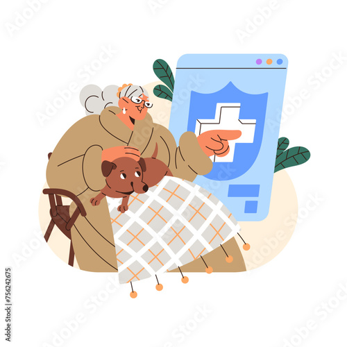 Insurance of old family members concept. Assurance life. Health Policy with shield sign to save, care about granny. Financial and medical protection program. Flat isolated vector illustration on white