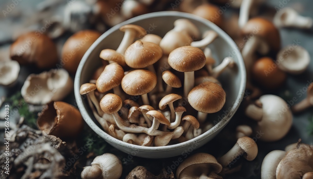 photo top view fresh mushrooms in bowl photo top view fresh mushrooms in bowl