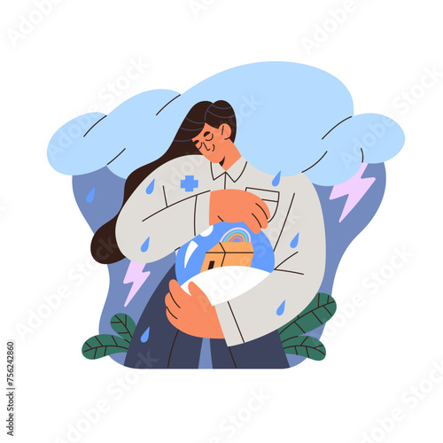 Real estate insurance concept. Assurance policy of property. Protection building from accident, natural disaster. Service save home in shield, secure bubble. Flat isolated vector illustration on white