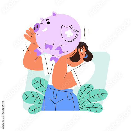 Finance, money insurance concept. Business assurance. Investment, deposit account security. Protection from financial risk. Girl holding savings piggy bank. Flat isolated vector illustration on white